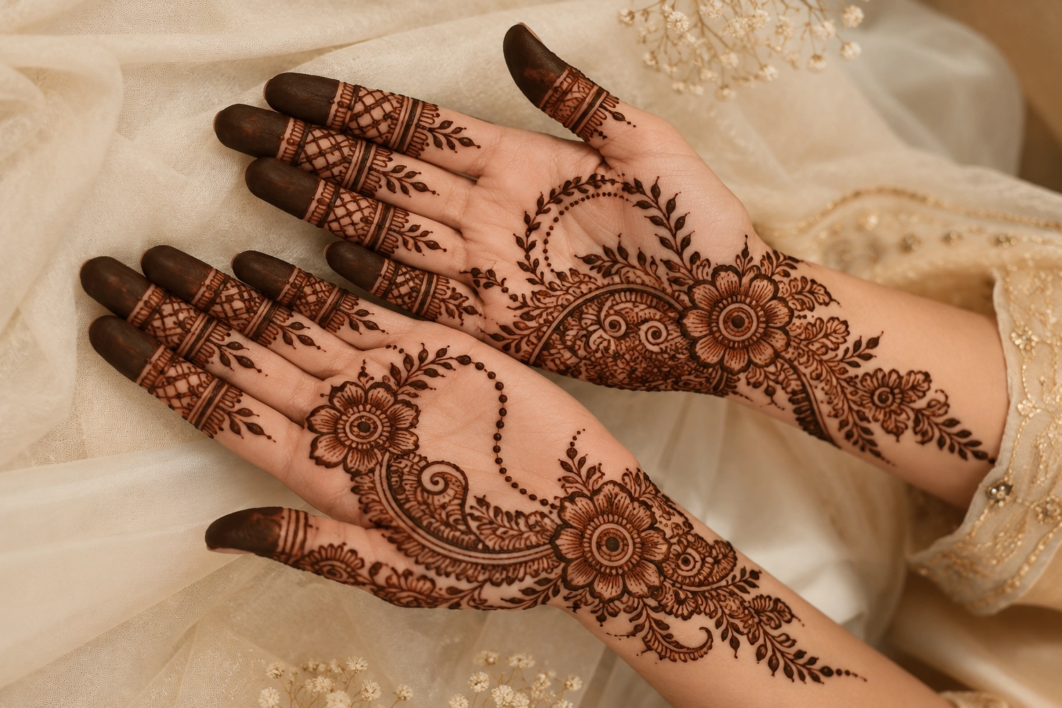 Elegant Bridal Mehndi Design with Floral and Paisley Patterns