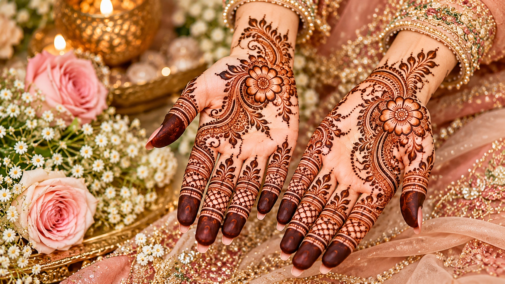 Beautiful Bridal Mehndi Design with Floral and Paisley Patterns