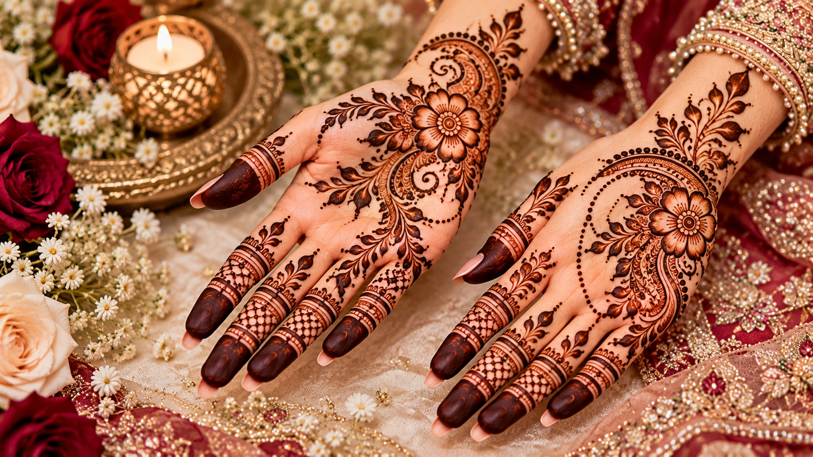 Elegant Bridal Mehndi Design with Floral and Paisley Patterns