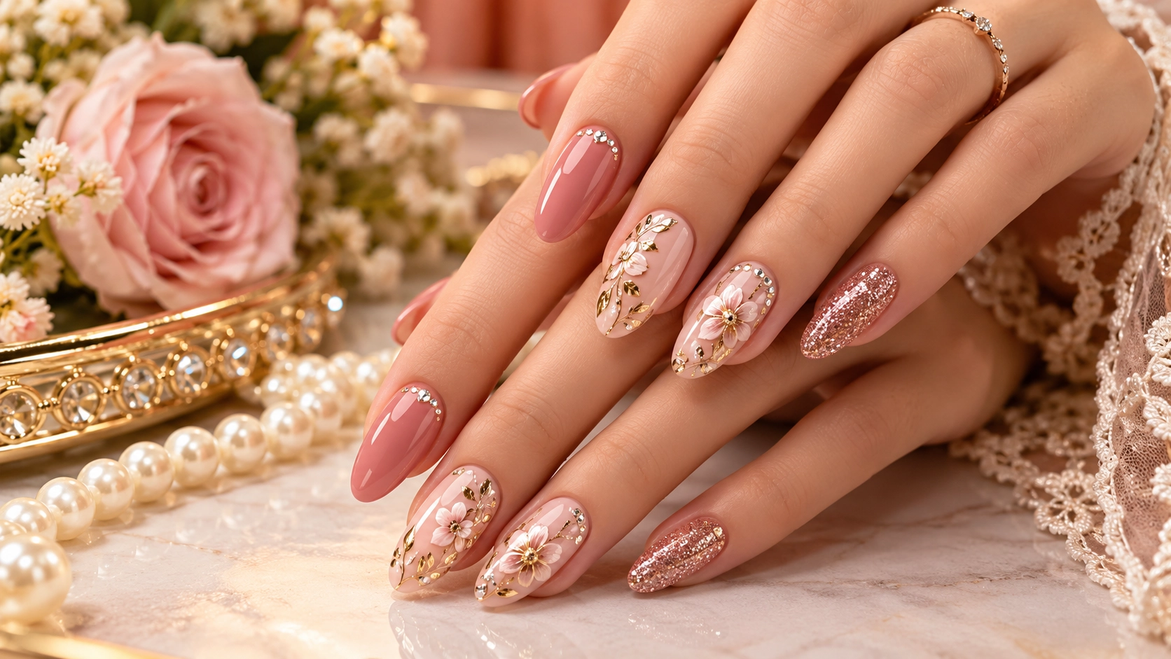 Elegant Rose Gold Floral Nail Design – Beautiful Bridal Nail Art