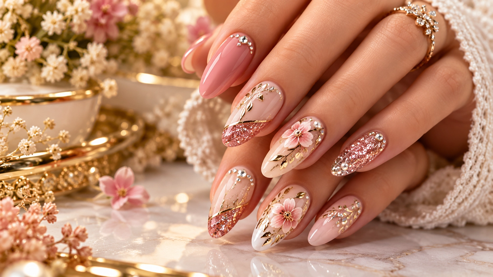 Pink Floral Rose Gold Glitter Nail Design – Elegant Nail Art Ideas