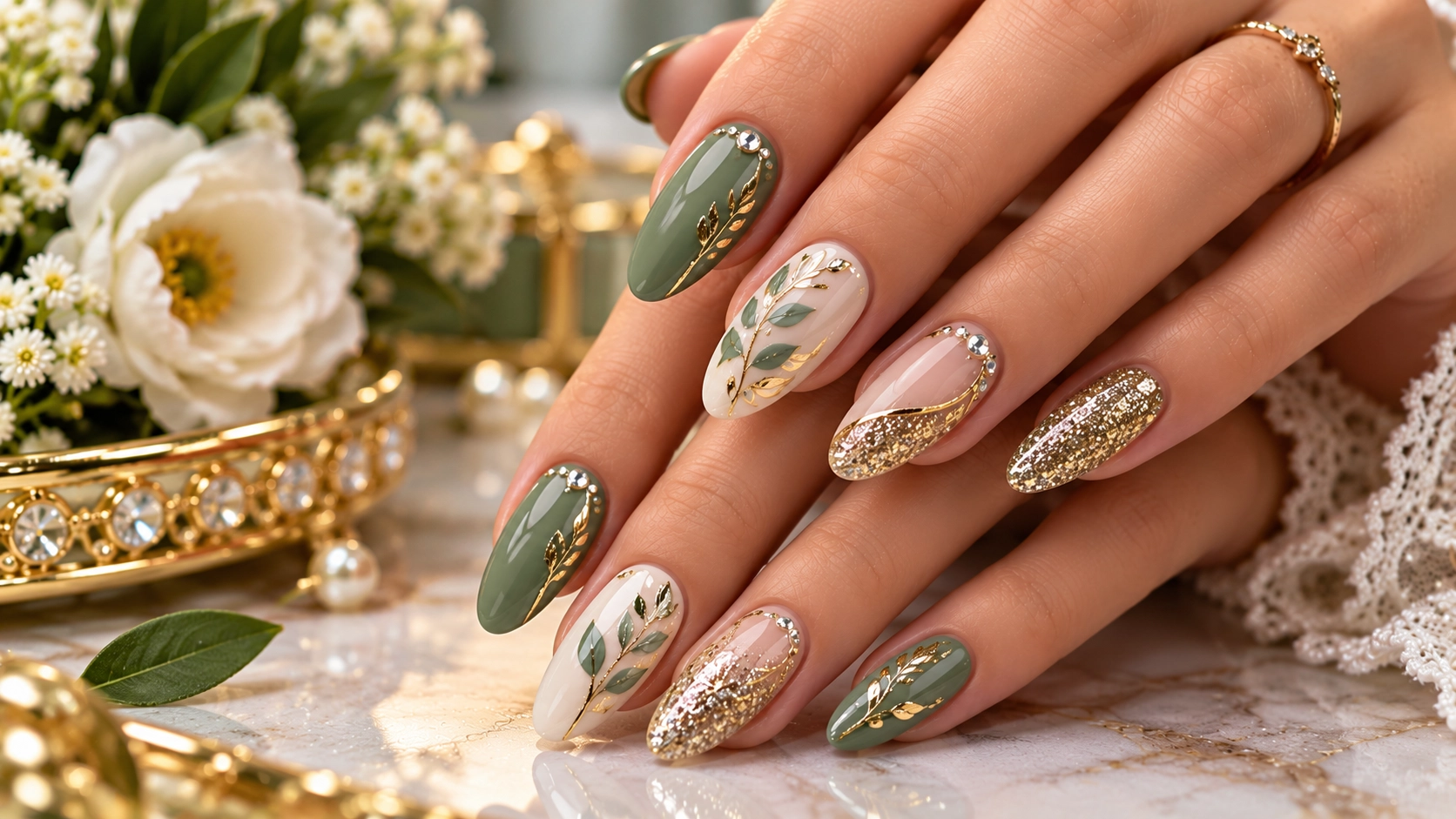 Sage Green Gold Botanical Nail Design – Elegant Green Nail Art