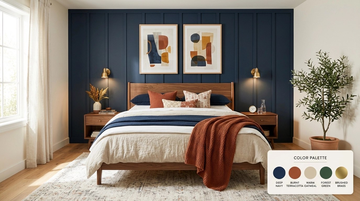 A warm modern bedroom palette blending deep navy, earthy terracotta, natural oatmeal, forest green, and refined brass.
