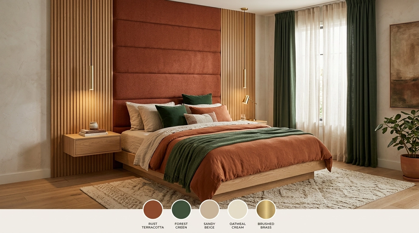 A sophisticated earthy bedroom palette combining rich rust terracotta, deep forest green, soft sand beige, creamy oatmeal, natural oak, and brushed brass.