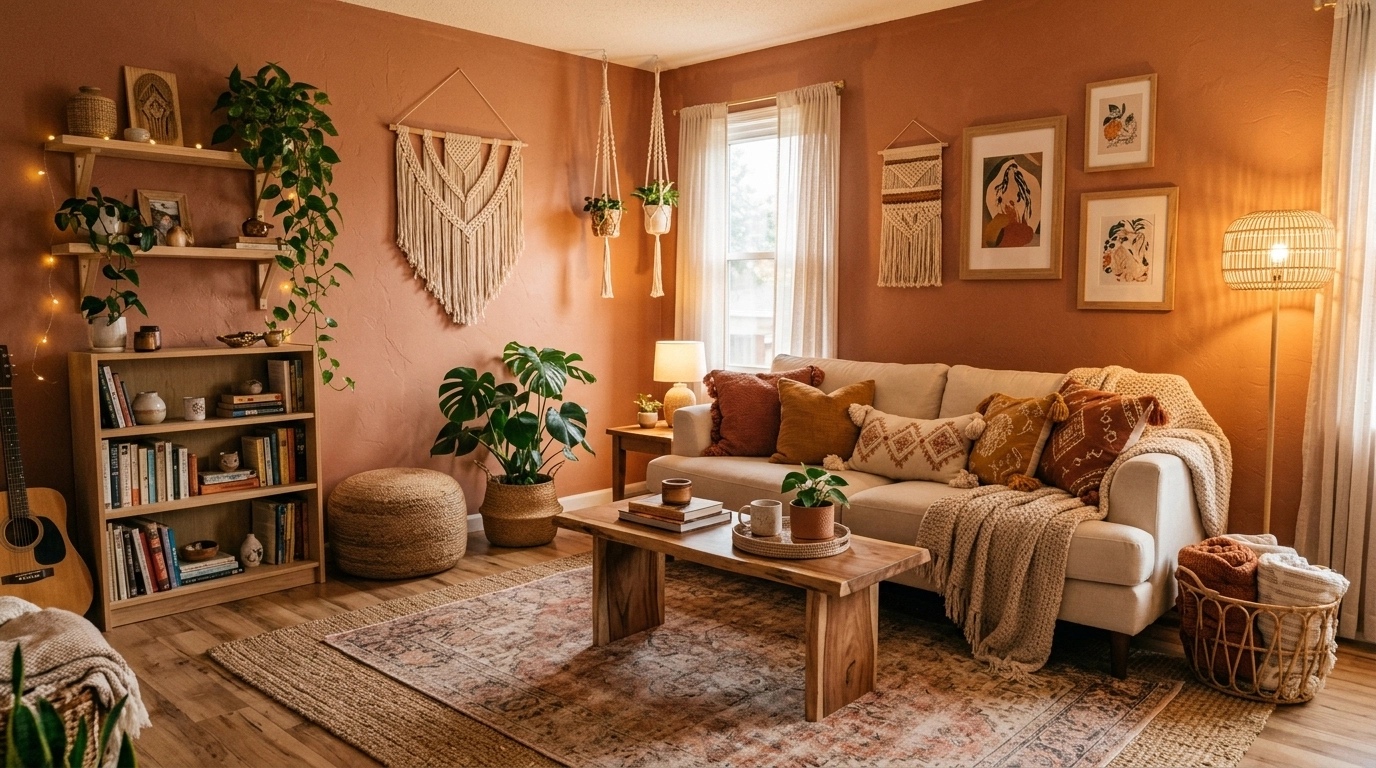 A warm, earthy interior palette combining sun-baked terracotta, creamy ivory, honey mustard, natural walnut, woven beige, and lush botanical green.