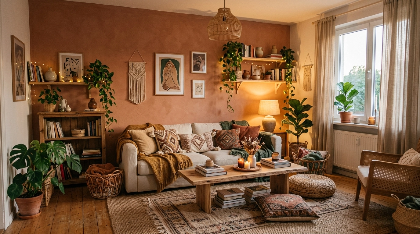 A warm, nature-inspired palette combining earthy terracotta, creamy linen, golden mustard, deep botanical green, natural walnut, and soft brass.