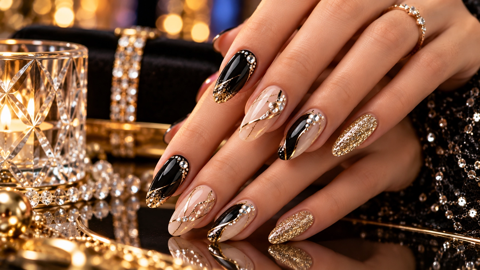 Black Gold Glam Party Nail Design – Luxury Evening Nail Art