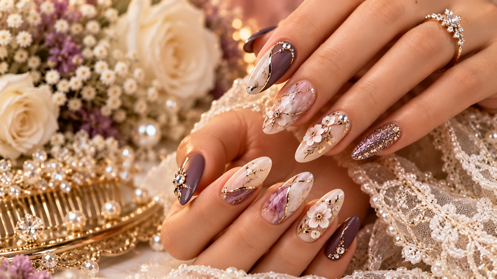 Plum Mauve Bridal Nail Design – Luxury Purple Wedding Nail Art