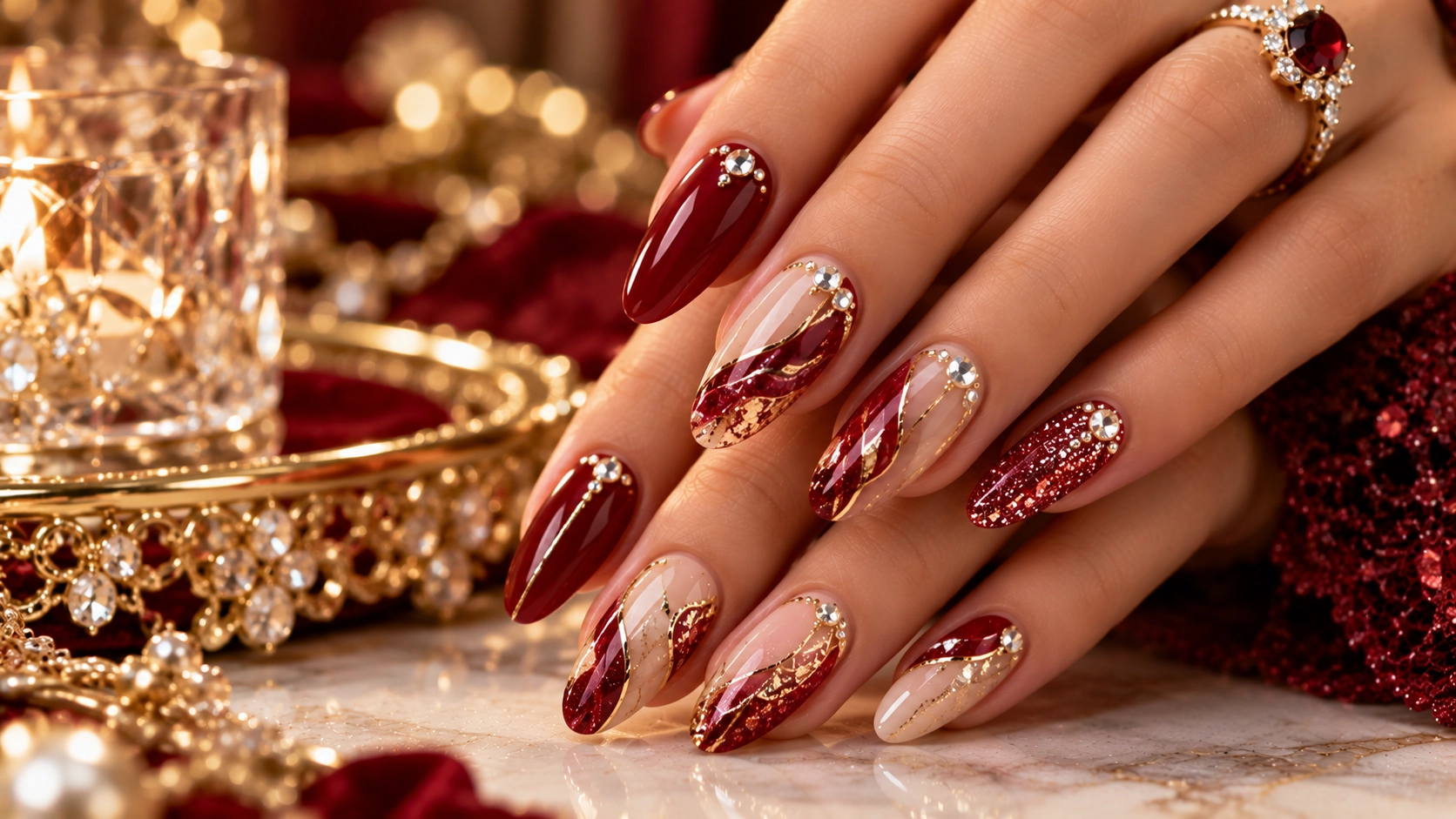 Dark Red Burgundy Gold Nail Design – Luxury Glamorous Nail Art