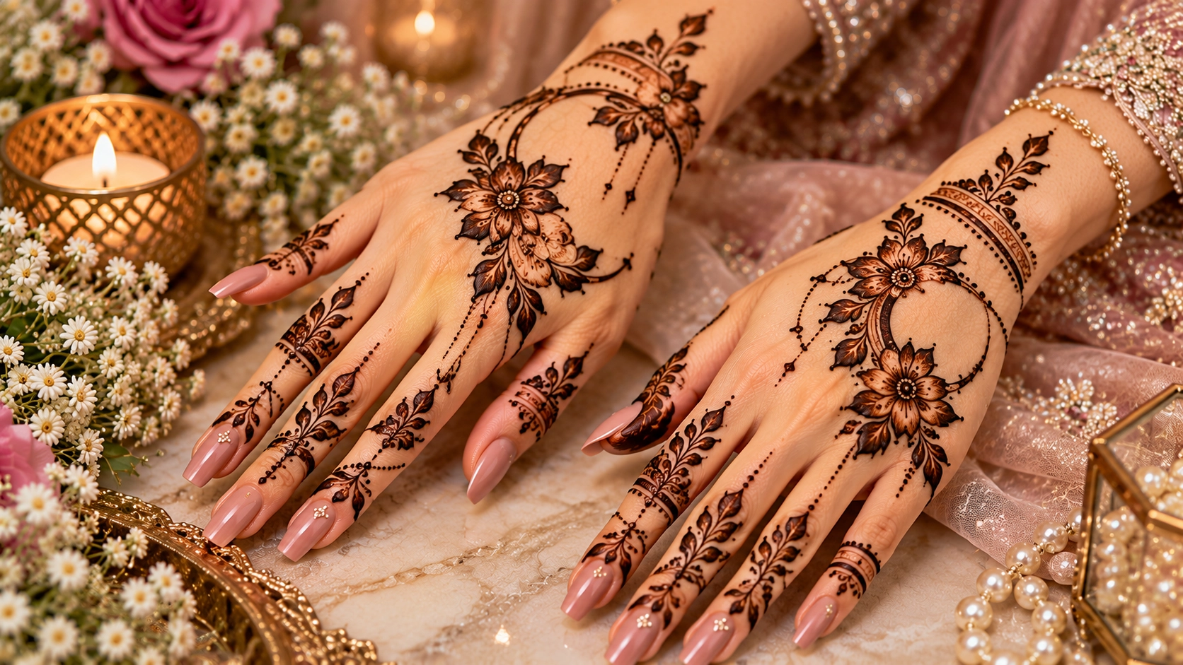 Elegant Moon Mehndi Design with Stars and Floral Details