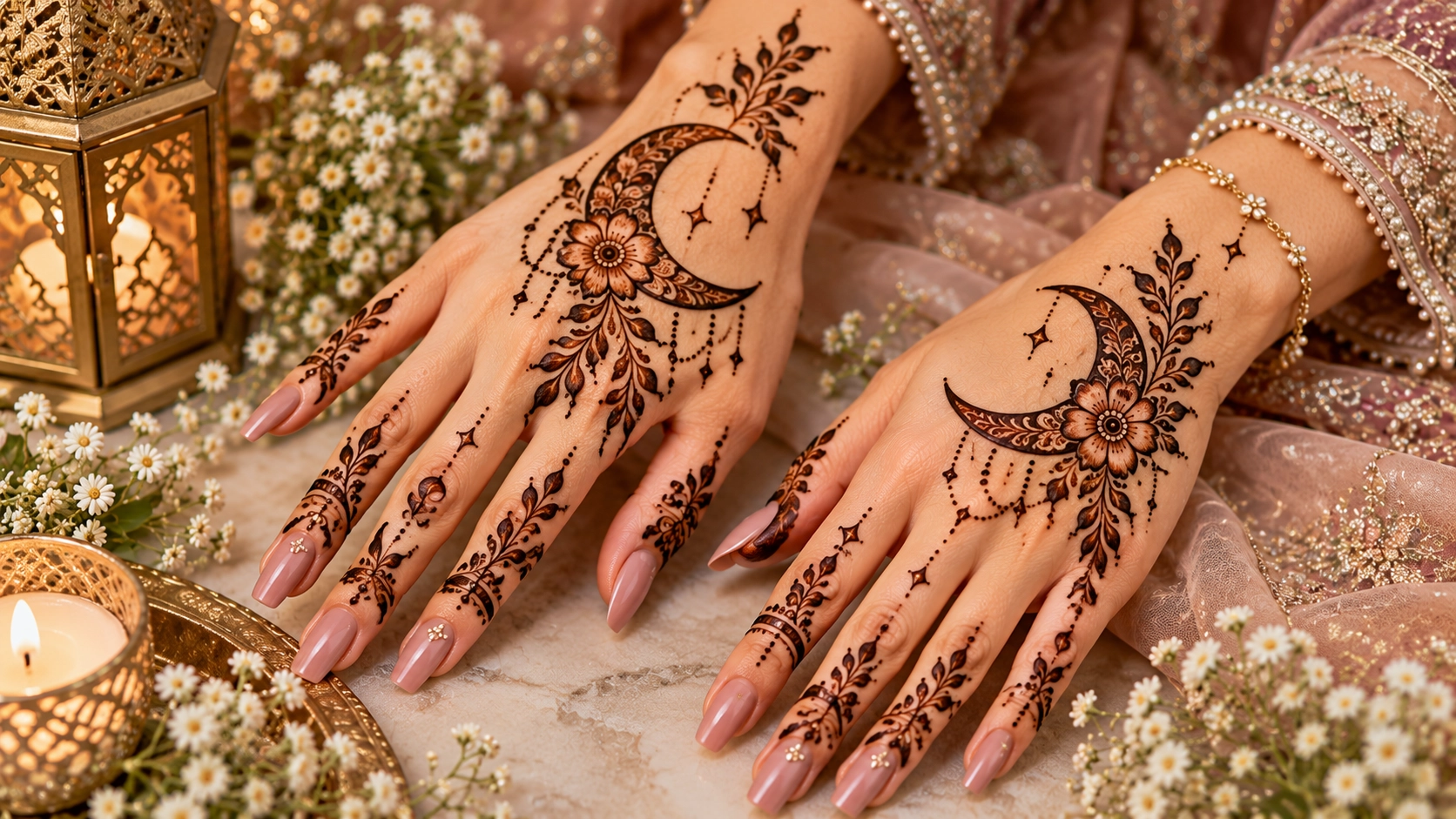 Elegant Crescent Moon Mehndi Design with Stars
