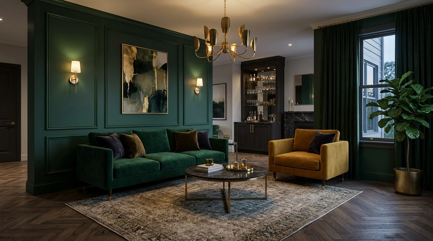 Emerald Green Living Room Ideas with Mustard Yellow Accents