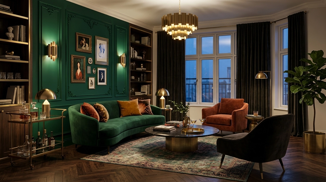 Emerald Green Luxury Living Room Ideas with Gold Accents