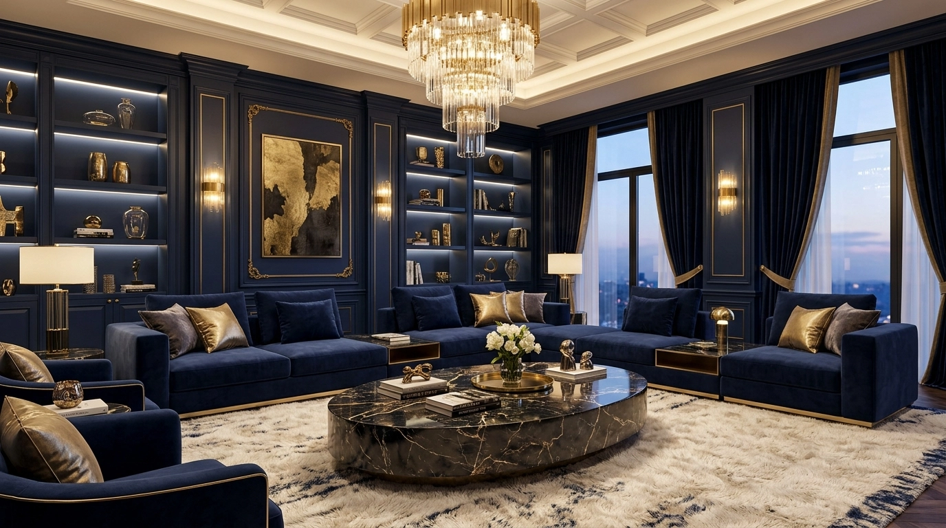 Luxury Navy Blue Living Room Ideas with Gold Accents