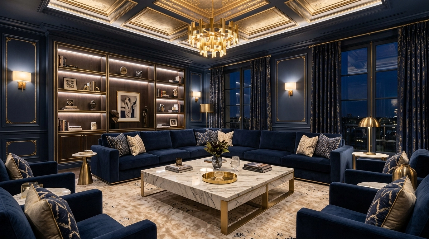 Luxury Navy Blue Living Room Ideas with Gold Accents