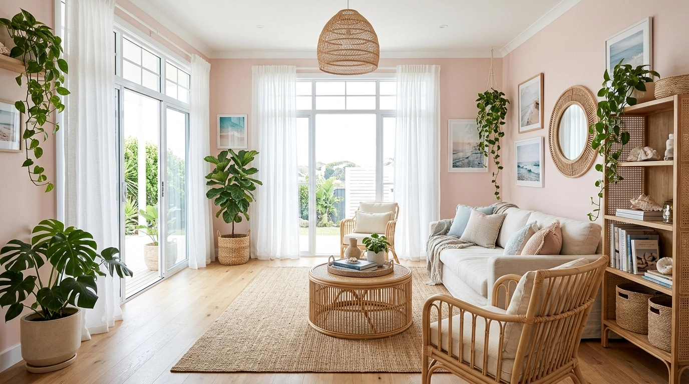 Blush Pink Living Room Ideas with Natural Rattan Decor