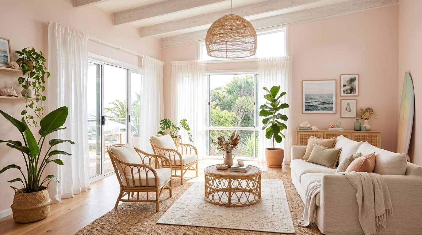 Blush Pink Coastal Living Room Ideas with Rattan Decor